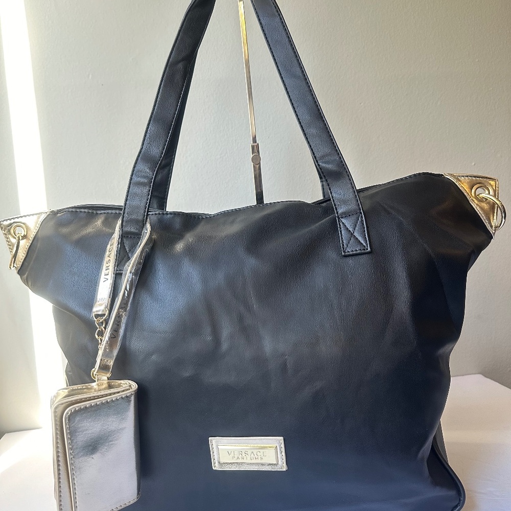 Versace Tote Bag Holdall Weekender Black Metallic Gold Handbag NEW.